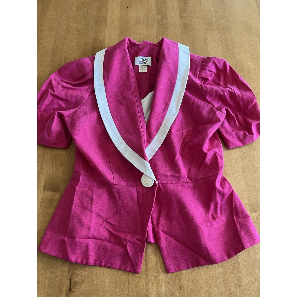 Vintage R&A Collections Pink Peplum Blazer White Trim Puff Sleeve USA Sz 14